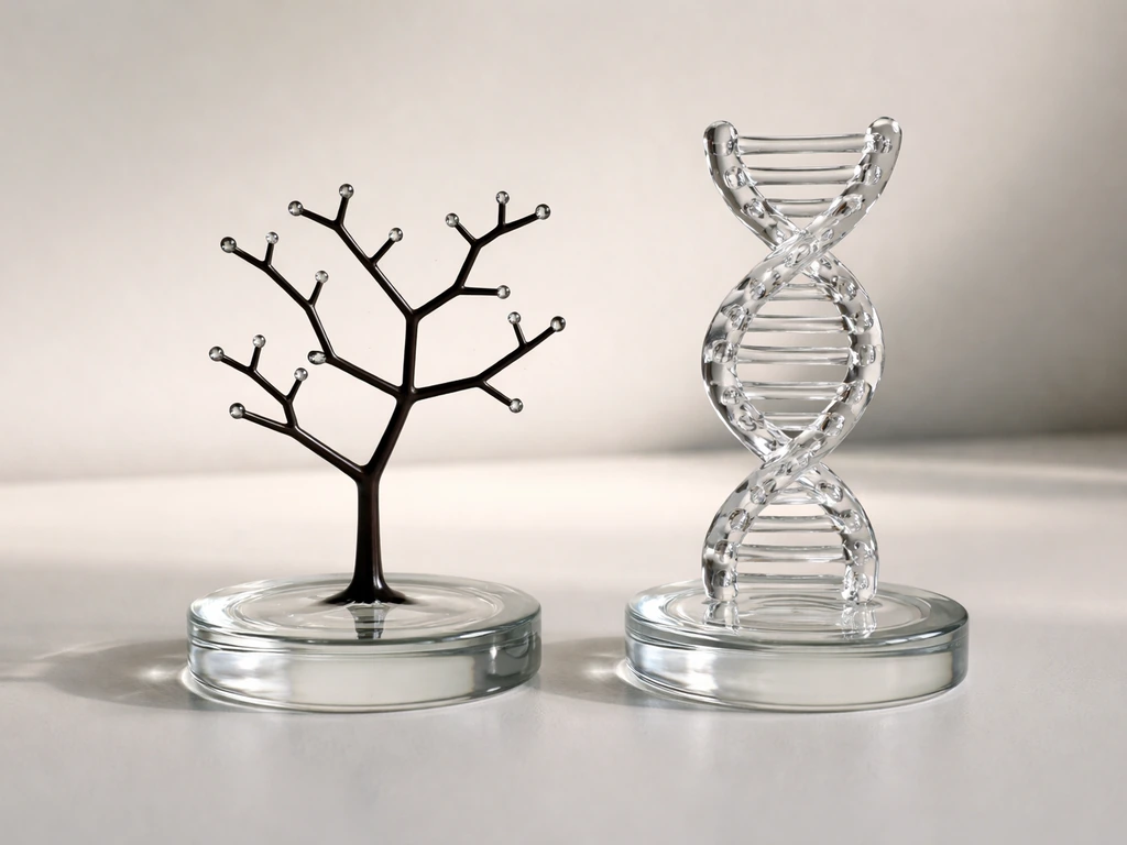 Close-up of a small branching phylogenetic tree sculpture next to a DNA helix on a clean tabletop.