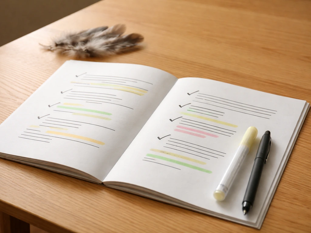 Open guideline document on a desk with a highlighter and neatly placed feathers, suggesting naming rules