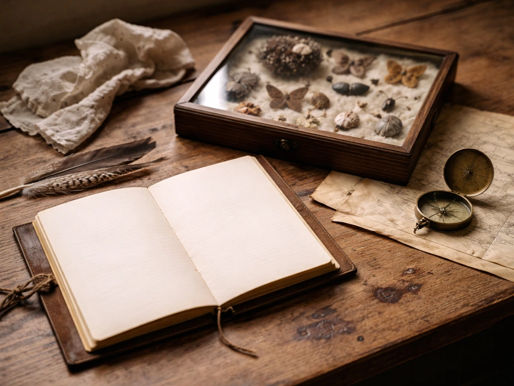 18th-century naturalist desk with open field notebook, specimen case, and old map tools under warm light.