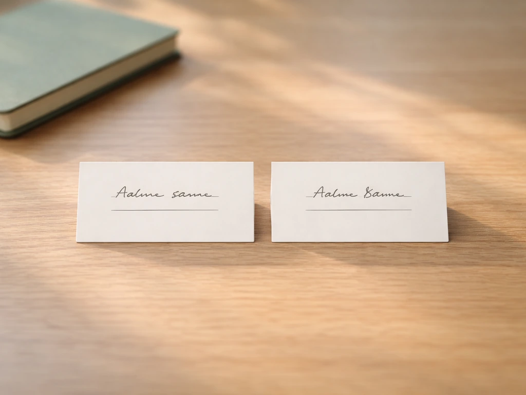 Minimal desk scene with two small cards side-by-side suggesting scientific vs common bird naming systems.