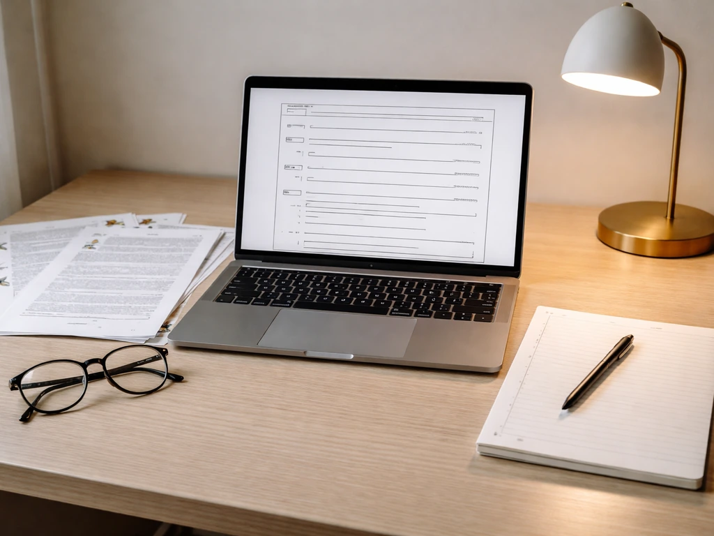 Minimal desk scene with laptop form-like checkboxes and blank reference sheets for a formal submission workflow.