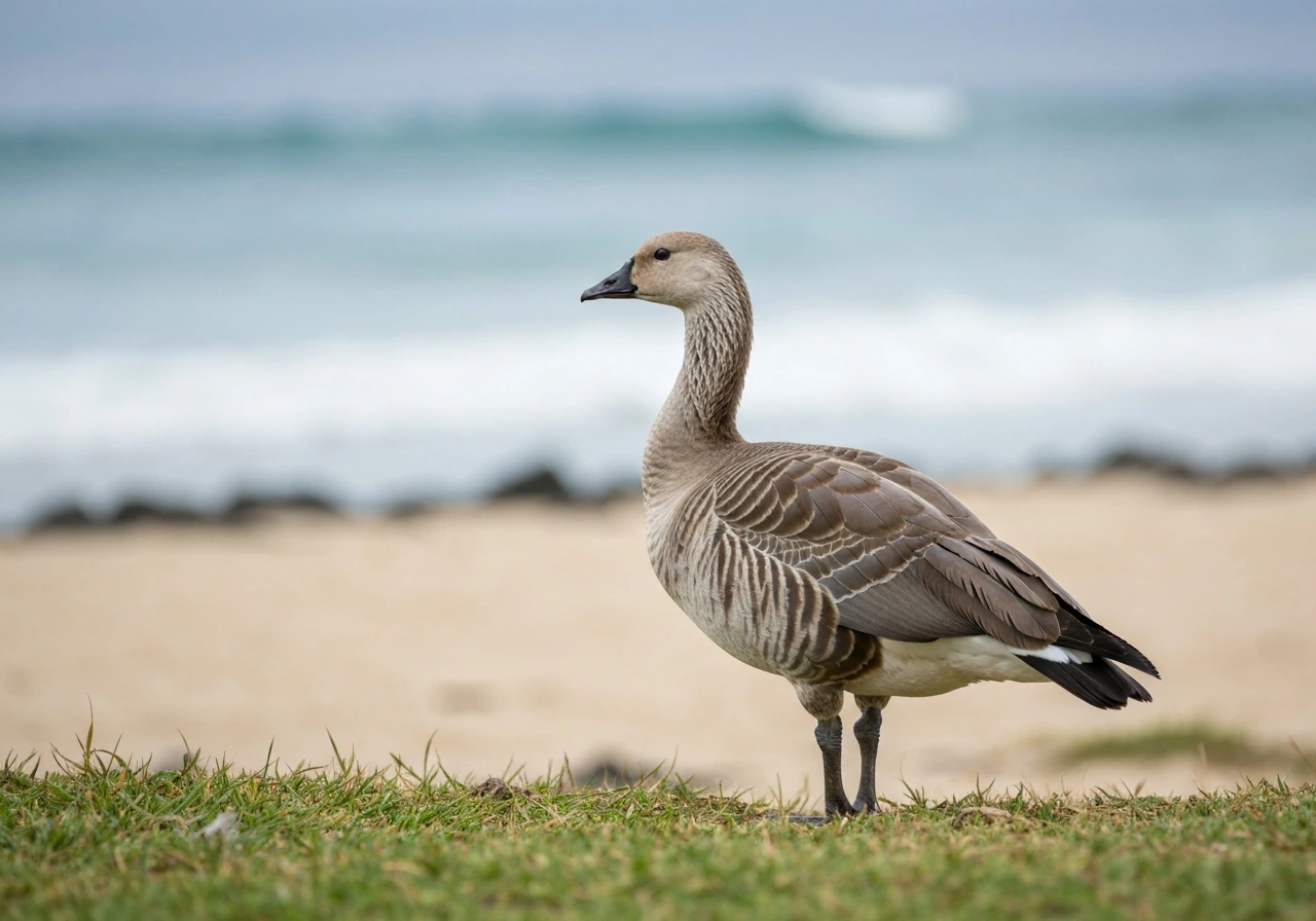 A single nēnē (Hawaiian goose) standing on coastal grass with a soft ocean background.