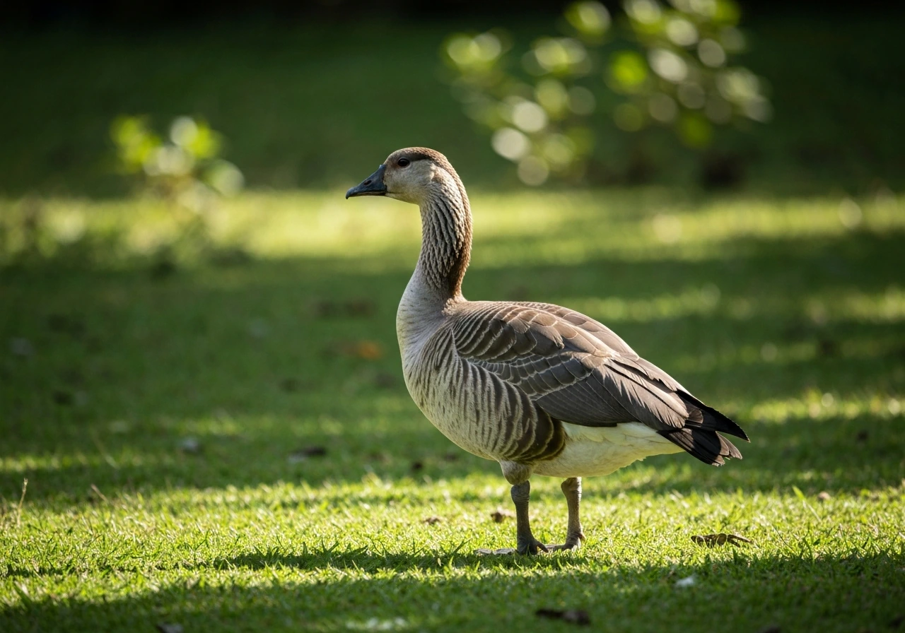 A nēnē (Hawaiian goose) standing on green grass in Hawaii, natural outdoor setting.