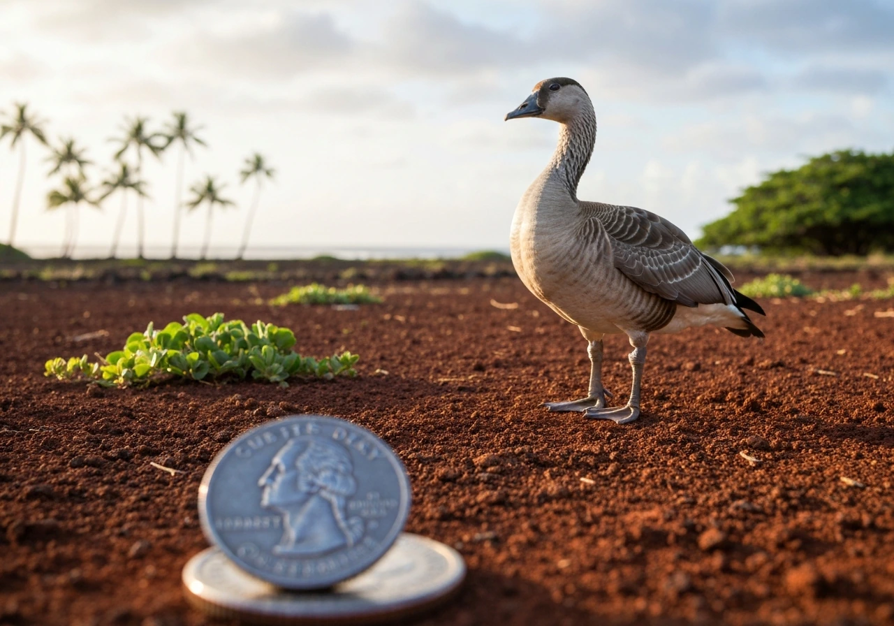Nēnē Hawaiian goose on red volcanic ground with subtle Hawaii symbolism cues in the background.