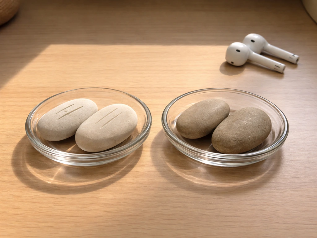 Minimal desk scene showing two side-by-side dishes with stones to imply long-vowel vs plain pronunciation.