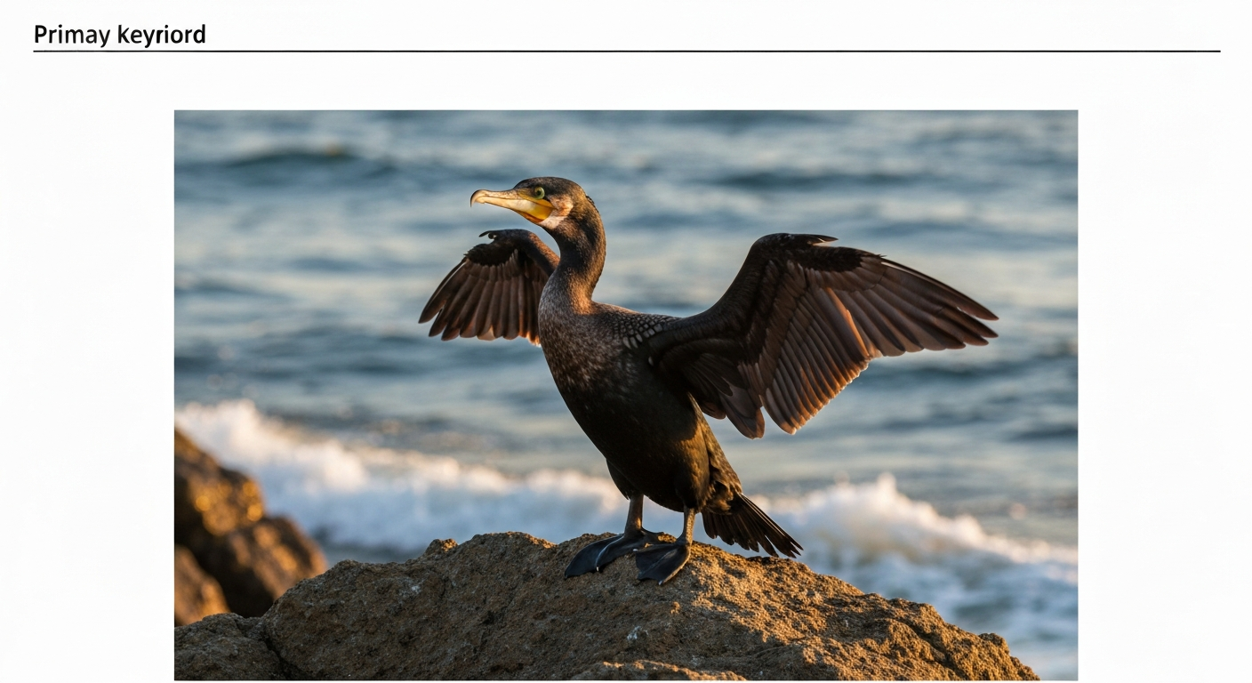 Cormorant perched on a coastal rock with wings partly spread, ocean in the background; editorial-style illustration.