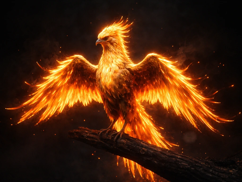 Glowing phoenix-like bird with flame-edged feathers against a dark background