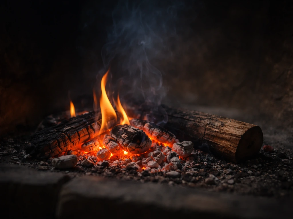 Close-up of glowing embers and small flames in a simple hearth, warm light, no people.