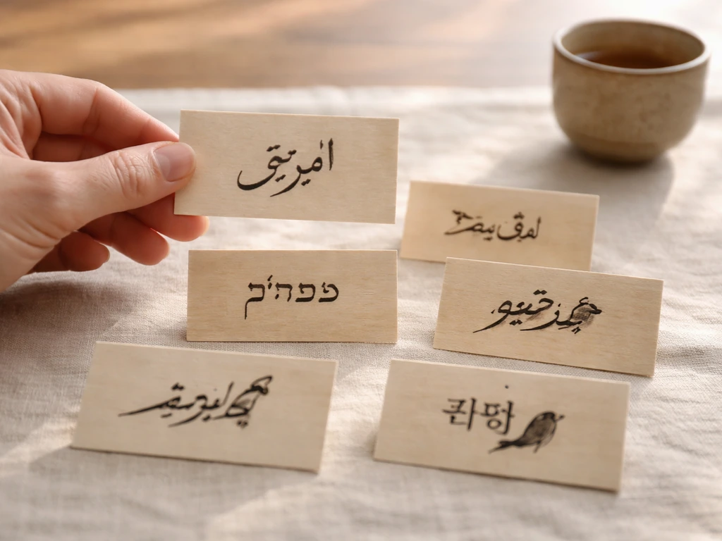 Minimal desk scene with small multilingual word cards showing fire-bird name variants