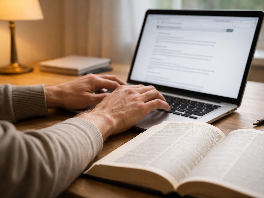 Hands typing on a laptop with an open etymology dictionary and browser search results in view
