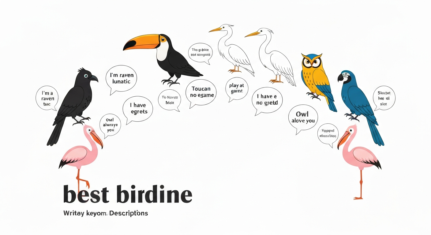 Playful vector illustration of multiple bird species with speech bubbles containing short bird puns.