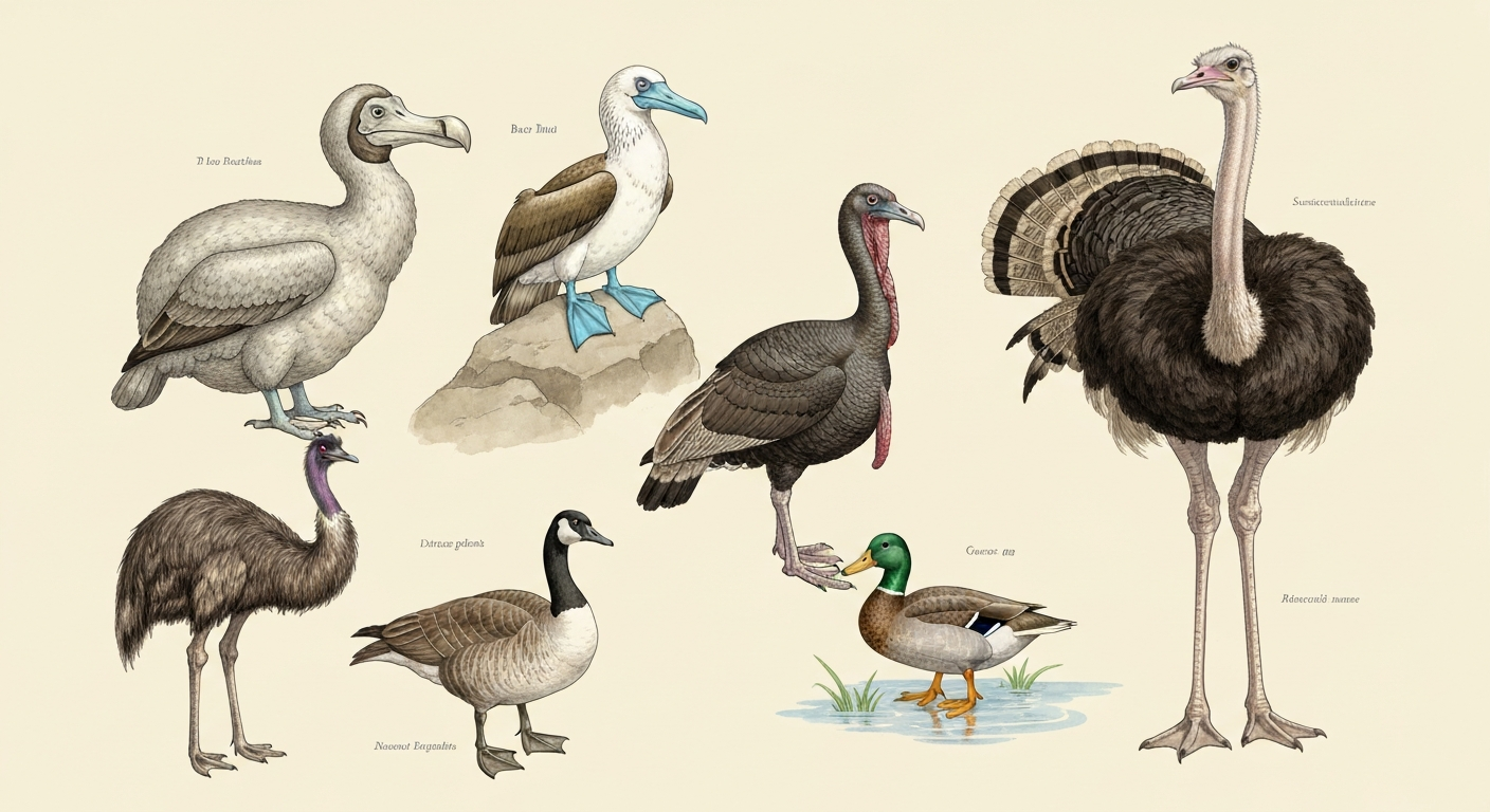 Natural-history style illustration of dodo, booby, turkey, ostrich, goose, duck, and emu arranged on a neutral background with small labels for each species.