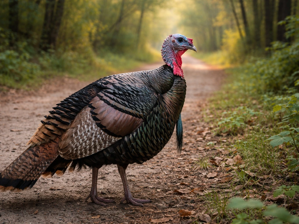Wild turkey with detailed feathers in a quiet wooded area, softly lit morning background.