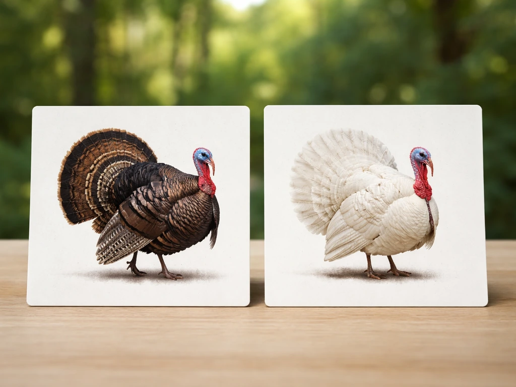 Two side-by-side turkey identification cards on a neutral table, with wild and domestic-like plumage.