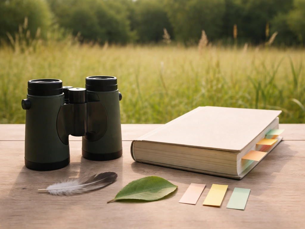 Binoculars and a closed bird field guide on a wooden table with blank checklist tabs in natural light.