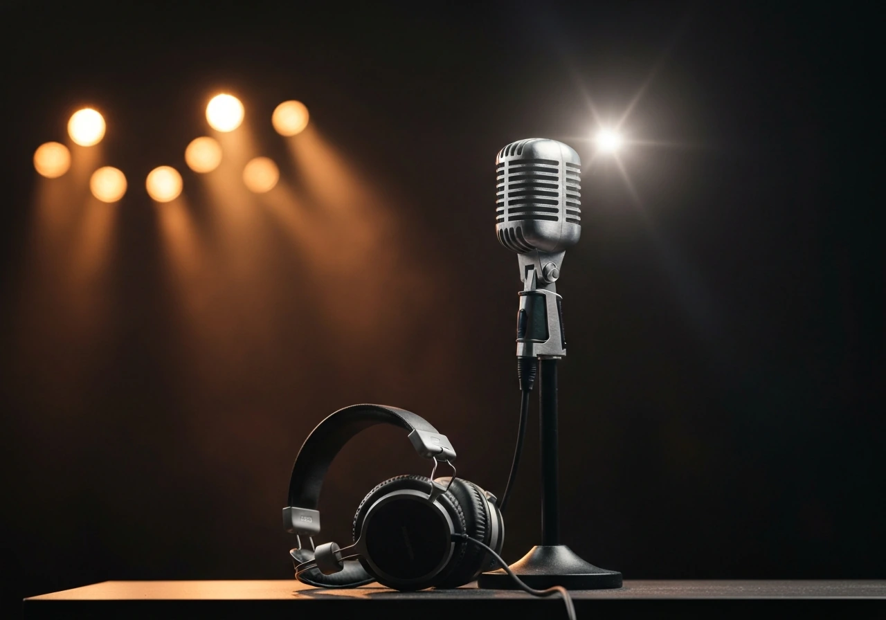 Anonymous music studio stage setup with microphone and headphones under warm spotlight bokeh.
