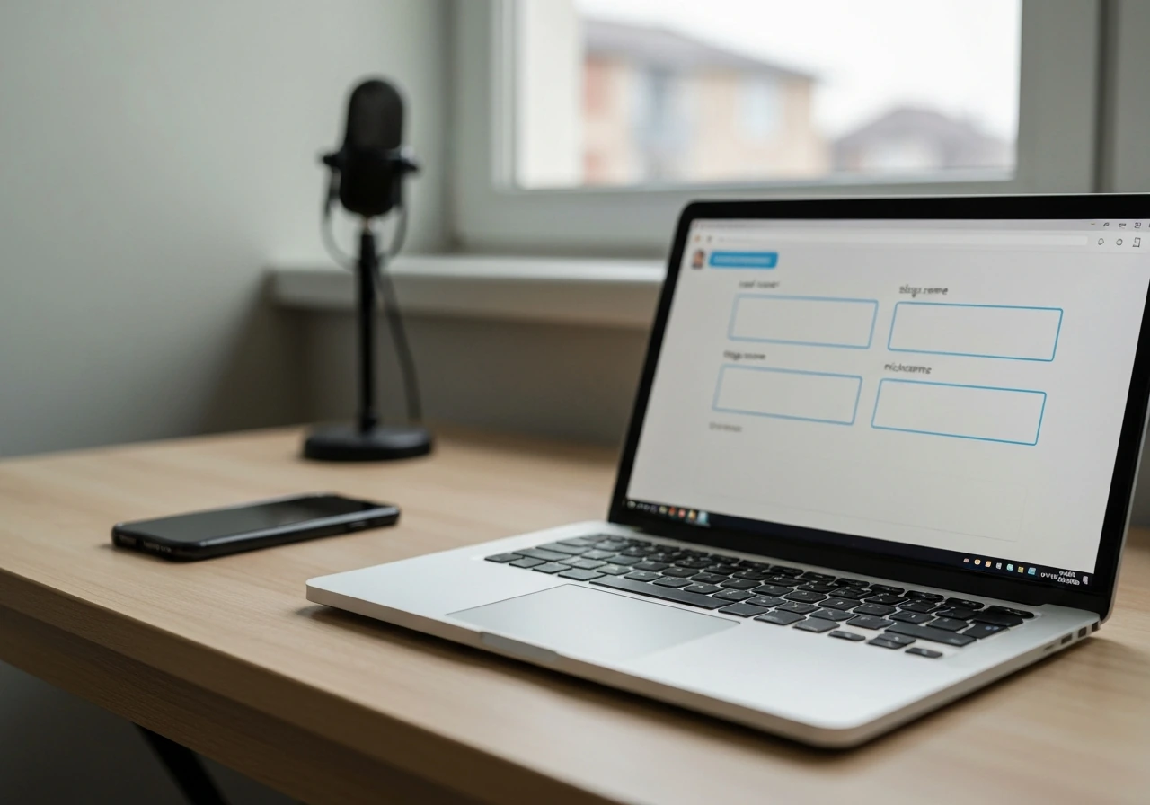 Closeup of a laptop with blurred biography-card style fields suggesting name verification, on a minimal desk.