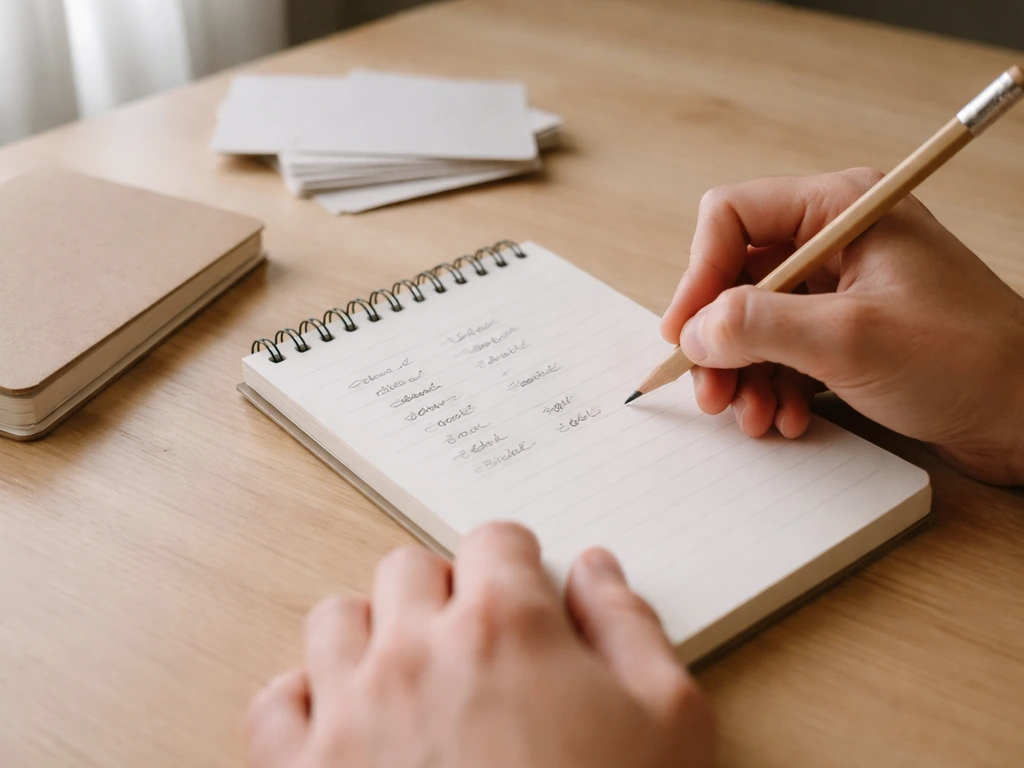 Hands writing spelling variants on a notepad, with a simple notebook and pencil on a desk.