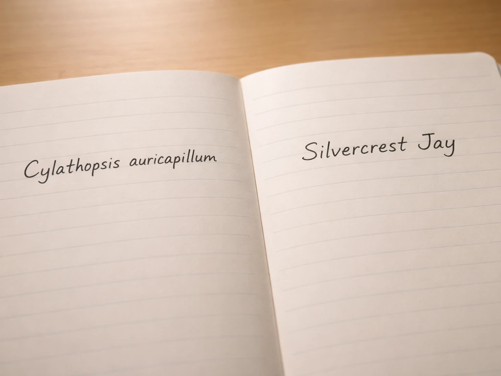 Close-up of a notebook with one handwritten bird scientific name and one common English name on separate lines