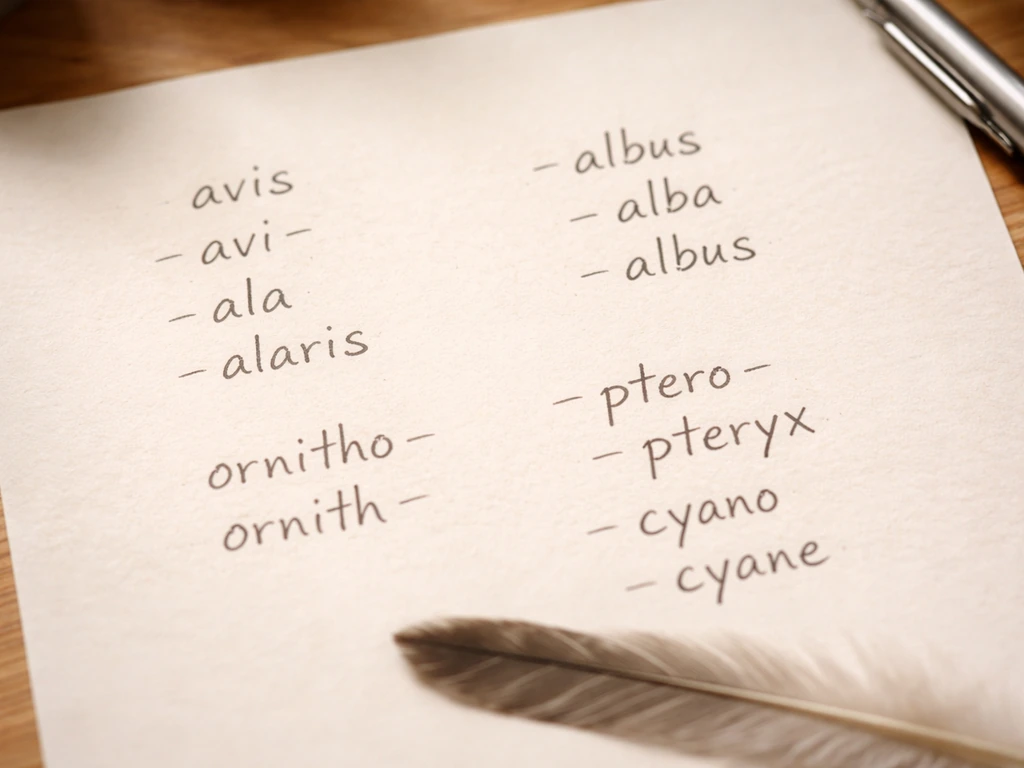 Minimal close-up of botanical-style paper notes featuring recurring Latin root fragments and bird-name examples