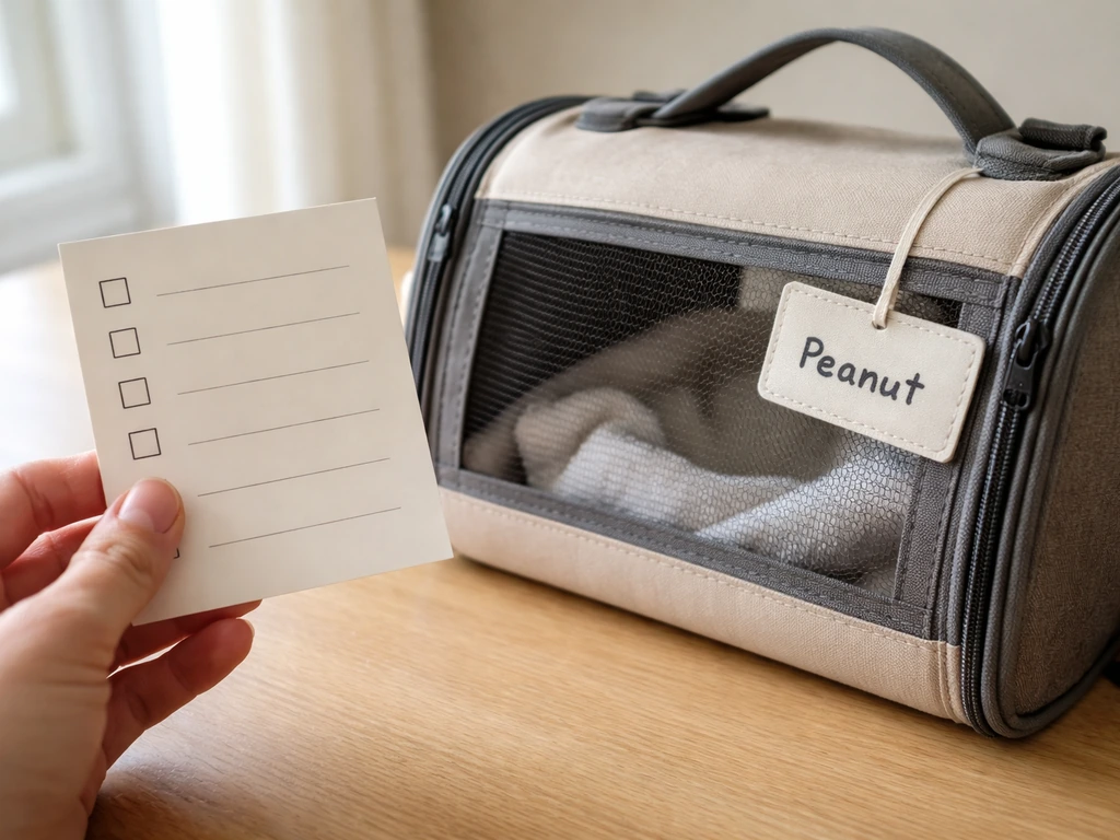 Hand holding a checklist beside a small pet bird carrier with a plain, non-species-style name tag