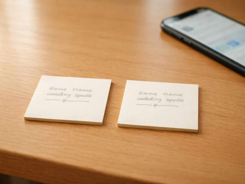 Close-up of two sticky notes beside a blurred phone screen, suggesting checking duplicate common species names.