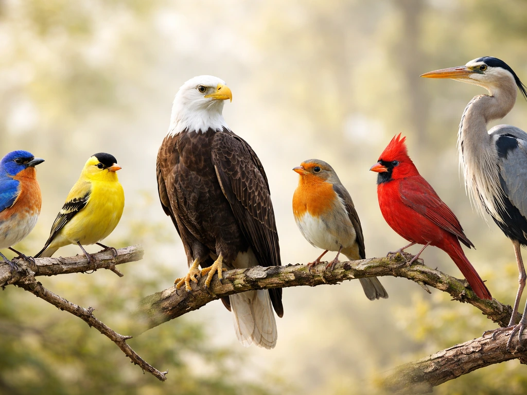 Collage-style banner of several colorful bird species perched on branches, showcasing variety of bird names