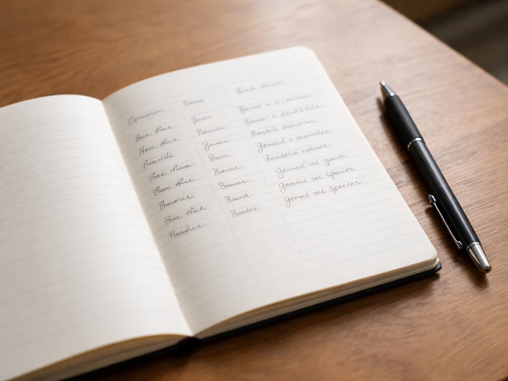 Minimal close-up of a notebook page with bird name-style entries and handwritten text in three columns.