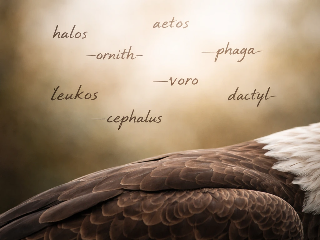Close-up of a bird specimen background with subtle floating Greek/Latin root letter fragments.