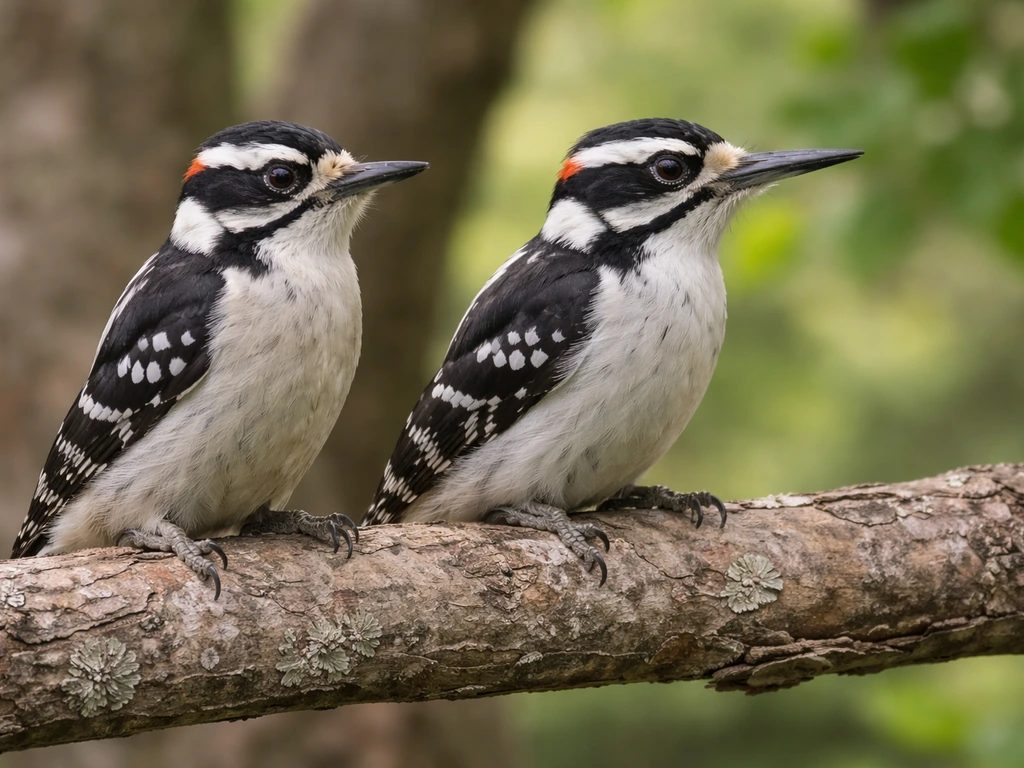 Two small woodpeckers perched side by side, one with a longer bill appearance for downy vs hairy comparison.