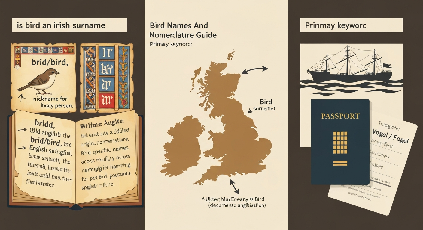 Collage showing medieval manuscript with 'bridd' and a fledgling, a map of English settlement into Ireland noting 'MacEneany → Bird', and an immigration vignette with 'Vogel/Fogel' changing to 'Bird'.