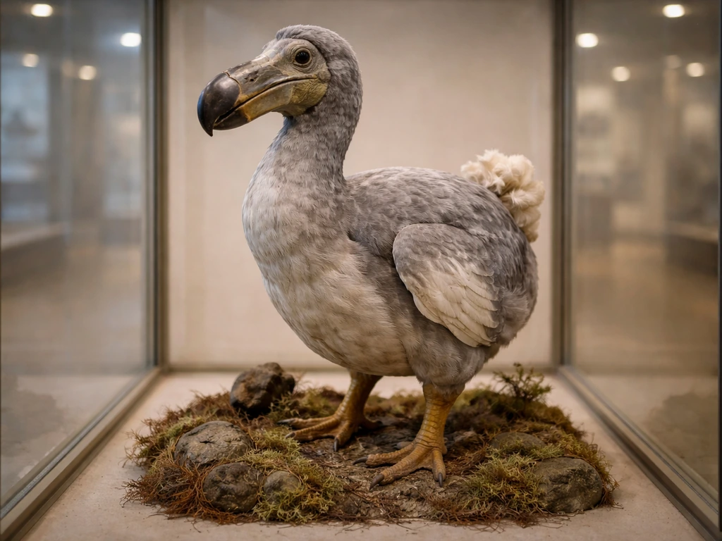 Lifelike dodo bird in a museum exhibit glass case with soft natural background light.