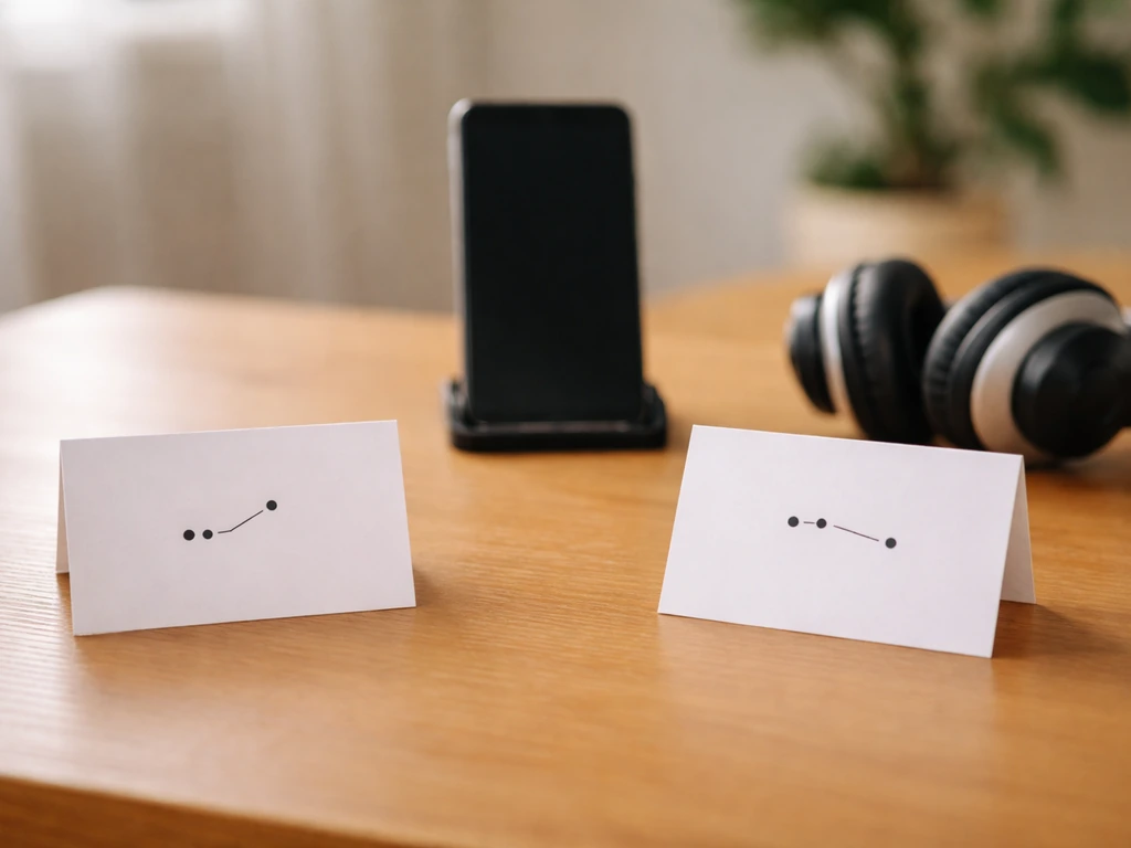 Two blank cards on a desk with headphones and a phone, suggesting side-by-side accent sound comparison.