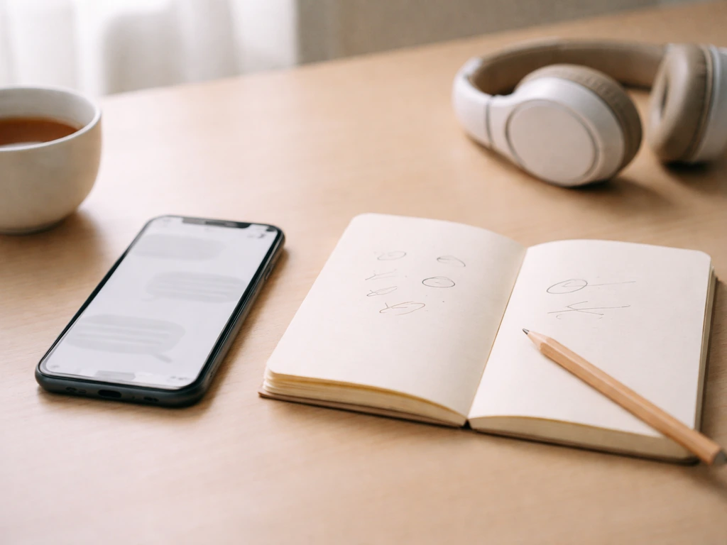 Minimal desk scene with a single smartphone showing handwritten-like pronunciation marks without readable text.