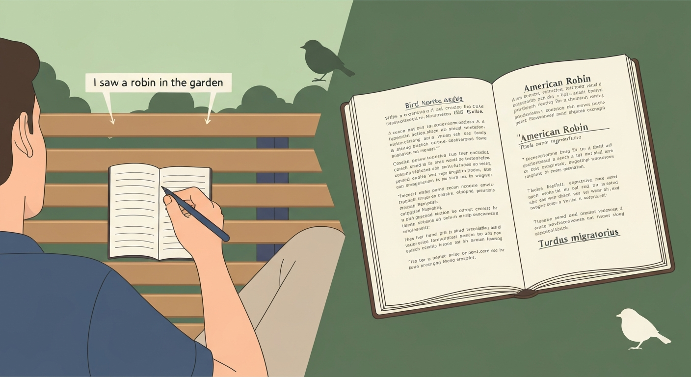 Split editorial illustration contrasting lowercase common usage ('robin') with capitalized field-guide names ('American Robin, Turdus migratorius').