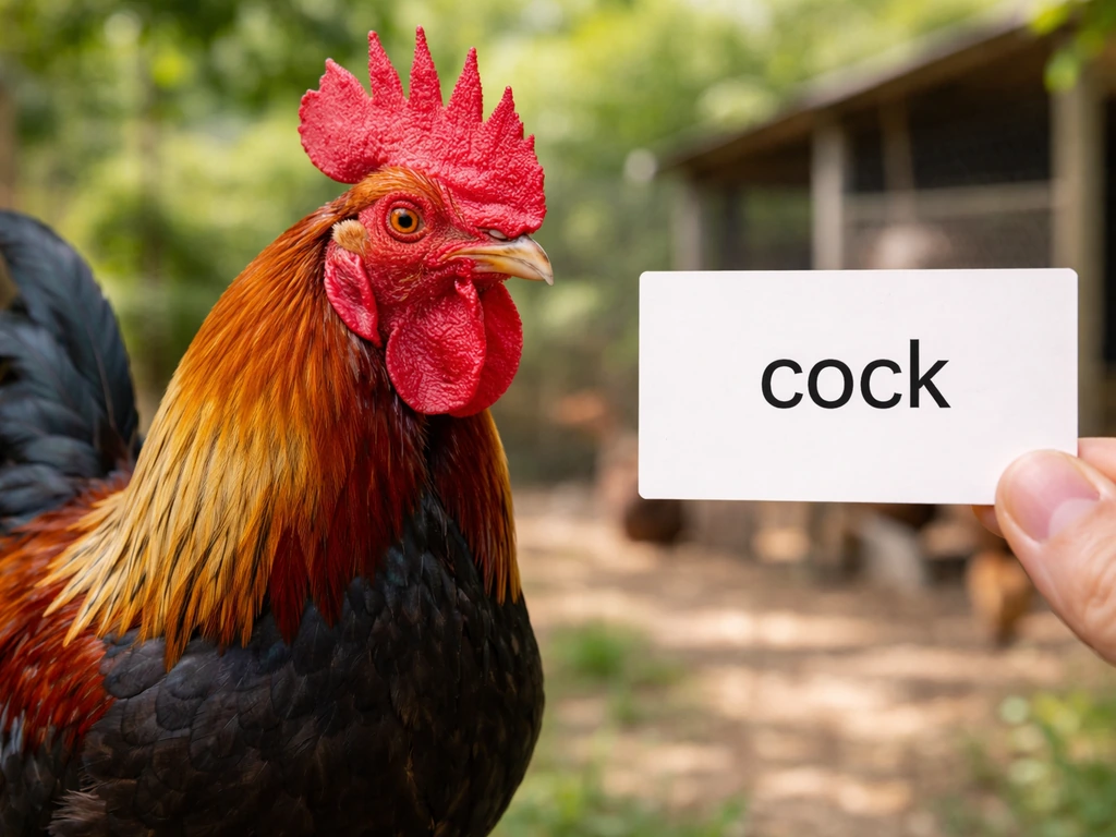 Close-up of a male chicken beside a small inset label reading “cock”.