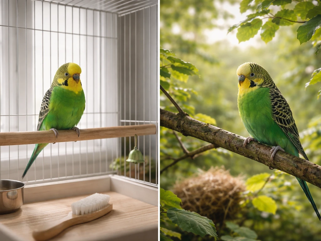 Cage with budgerigar beside a wild bird in nature, with a focus on careful bird care