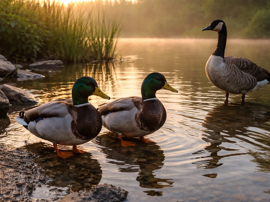Wild ducks and a goose near a garden pond at sunrise, with a calm edge and natural reflections