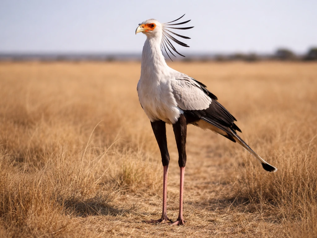 A secretary bird stands tall in African grassland, crest feathers visible, full body in natural light.