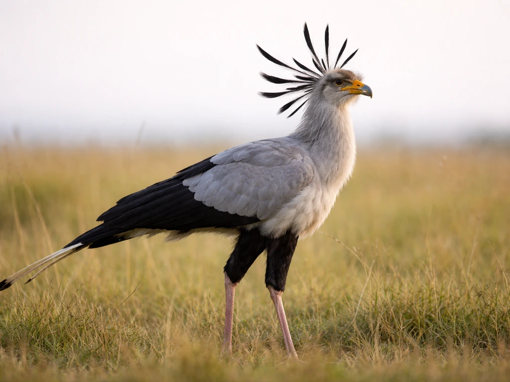 Secretary bird standing in profile with black crest feathers fanning behind its head