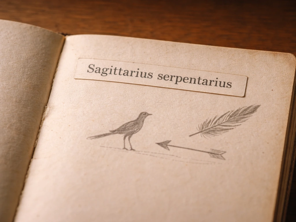 Close-up of a naturalist notebook with a paper label for Sagittarius serpentarius and a simple pencil sketch showing nam