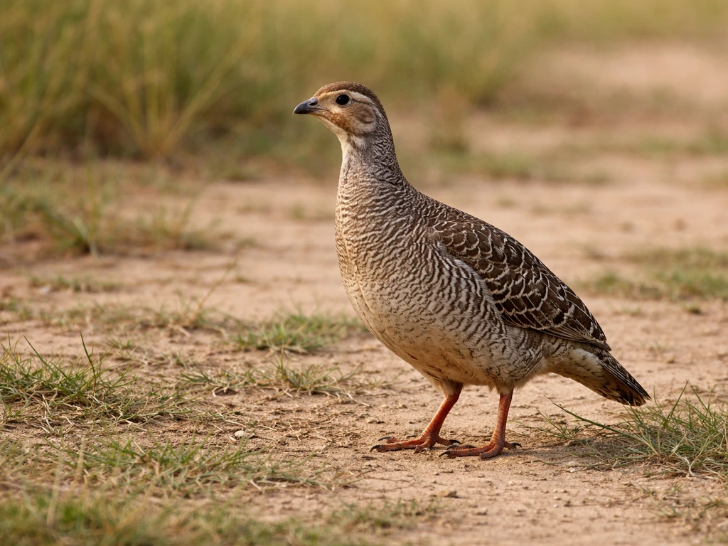 Grey francolin bird standing on dirt and sparse grass in a quiet open field.