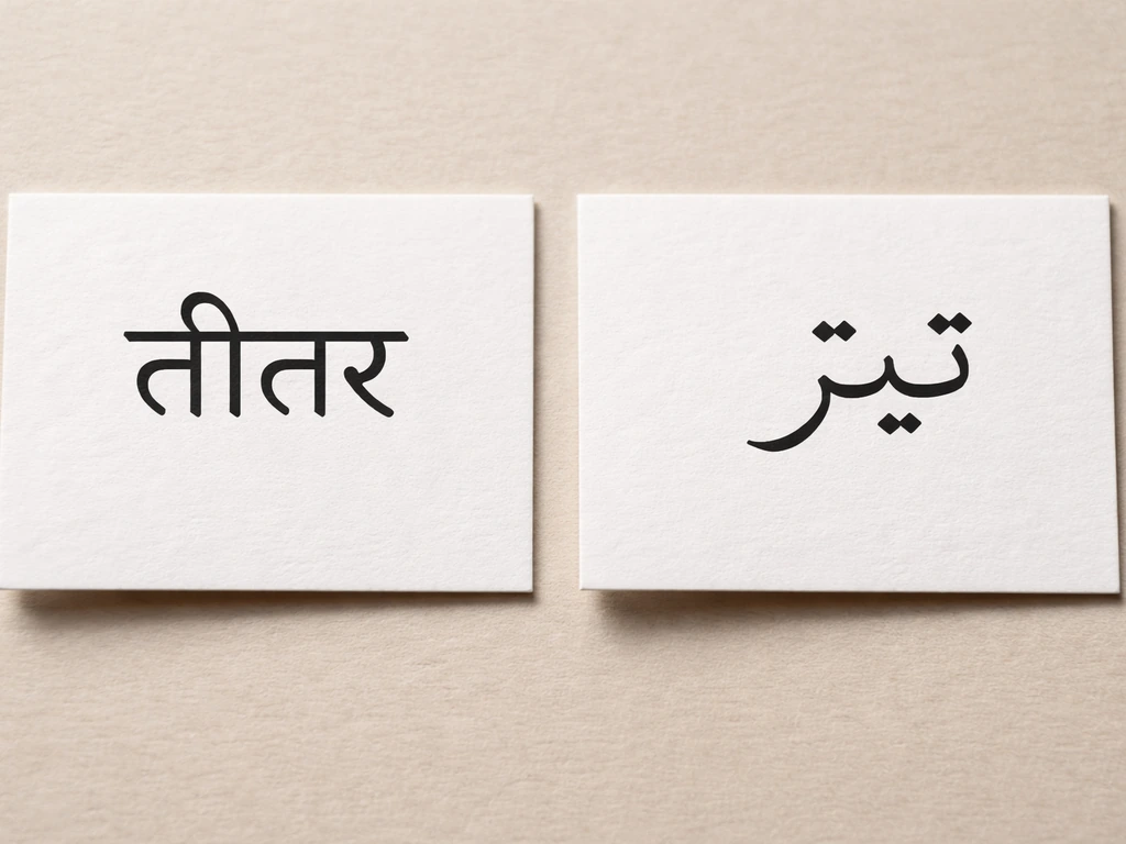 Close-up of two cards showing the words “तीतर” and “تیتر” in black ink.