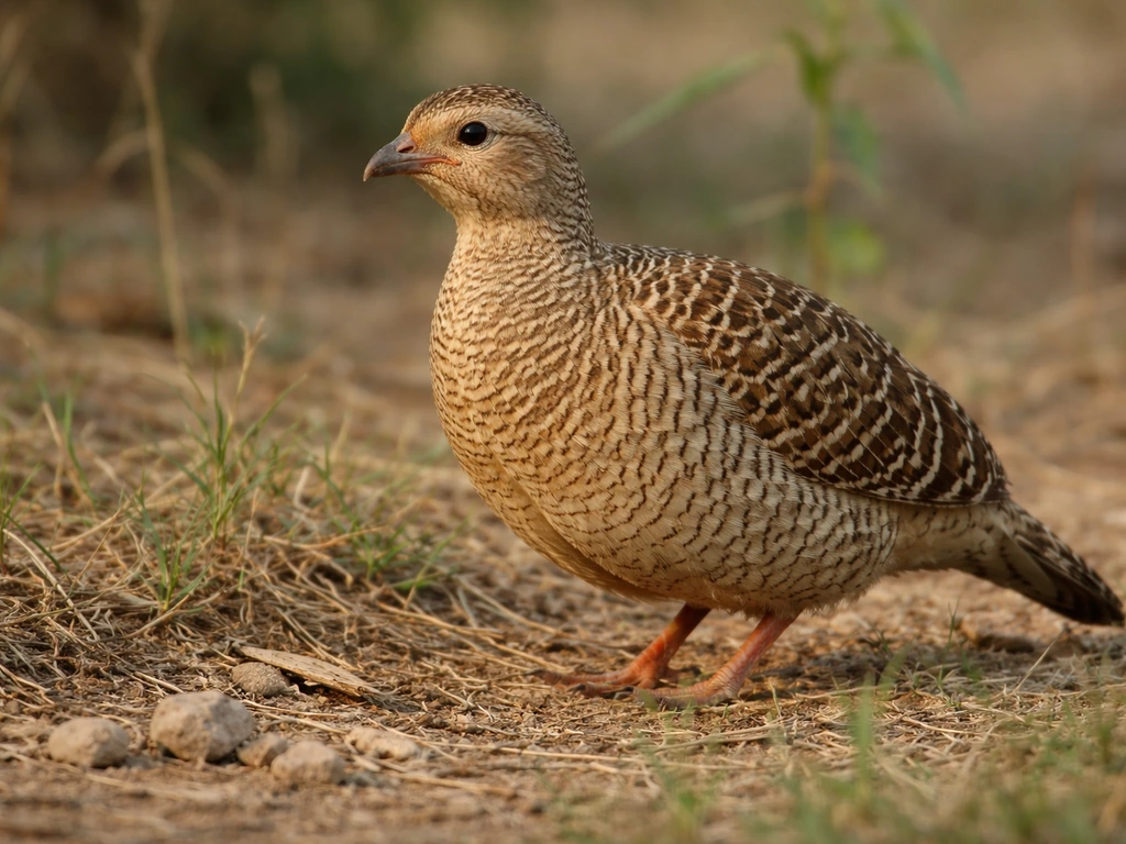 Close ground-level view of a barred, streaked brown ground bird for ID in leaf litter habitat.