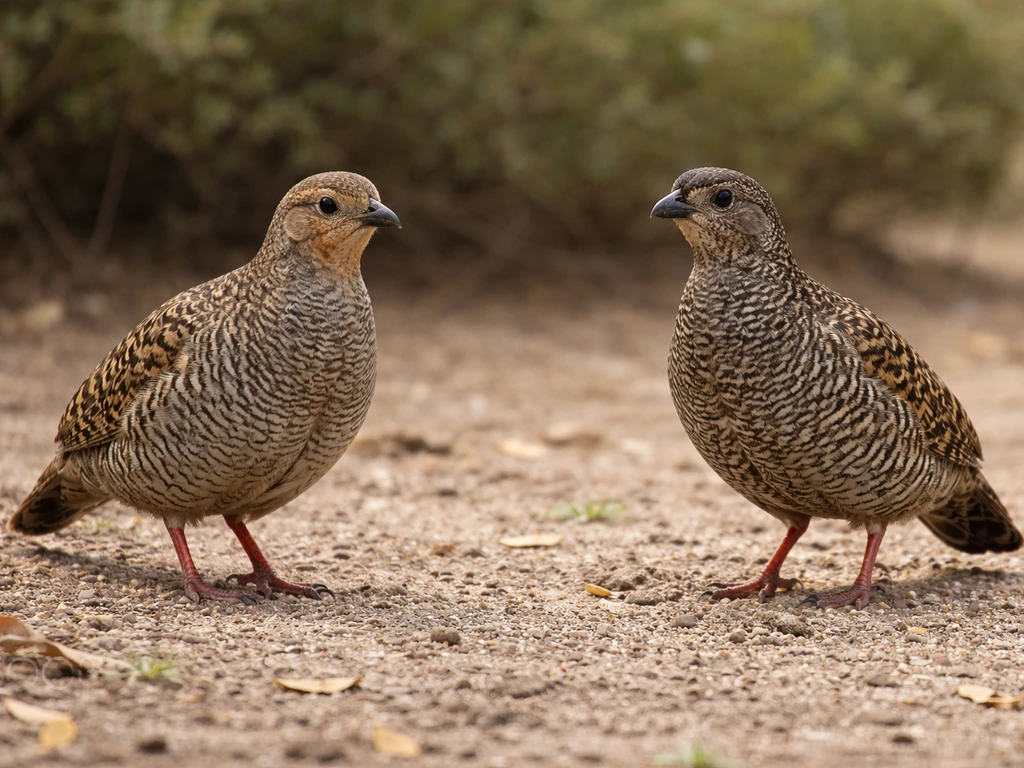 Grey francolin on a dusty ground with a black francolin nearby for side-by-side lookalike comparison.