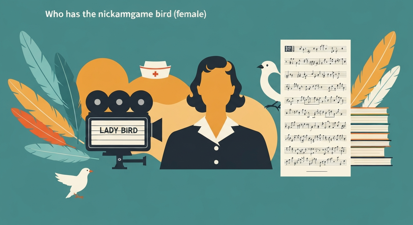 Editorial illustration of a woman silhouette surrounded by bird motifs, a nurse's cap, a film camera marquee reading 'Lady Bird', and books—visualizing the nickname 'Bird' across history and culture.