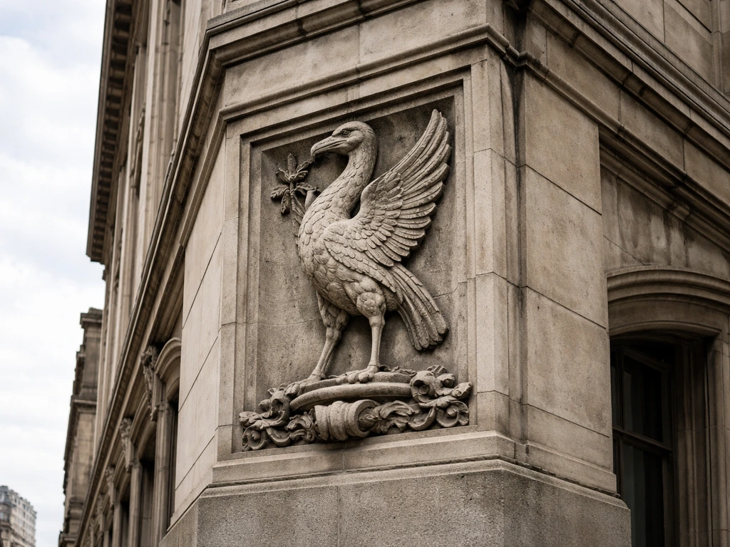 Close view of Liverpool’s civic Liver bird emblem on a building facade with simple street context.