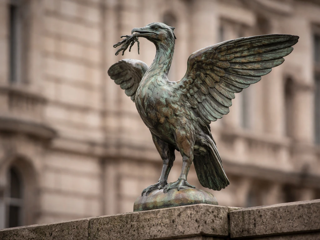 Copper Liver bird emblem sculpture perched on a building ledge in natural light.