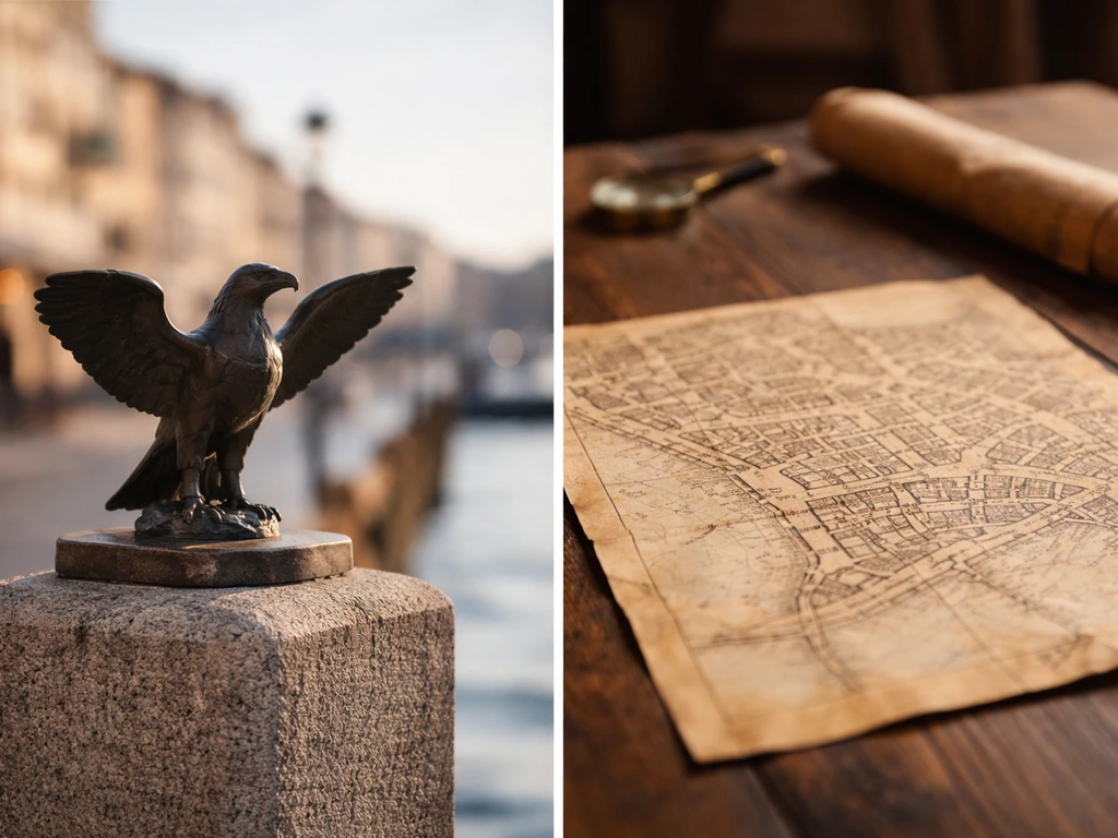 Split scene: blurred bird emblem on a pedestal vs an old parchment map on a wooden table.