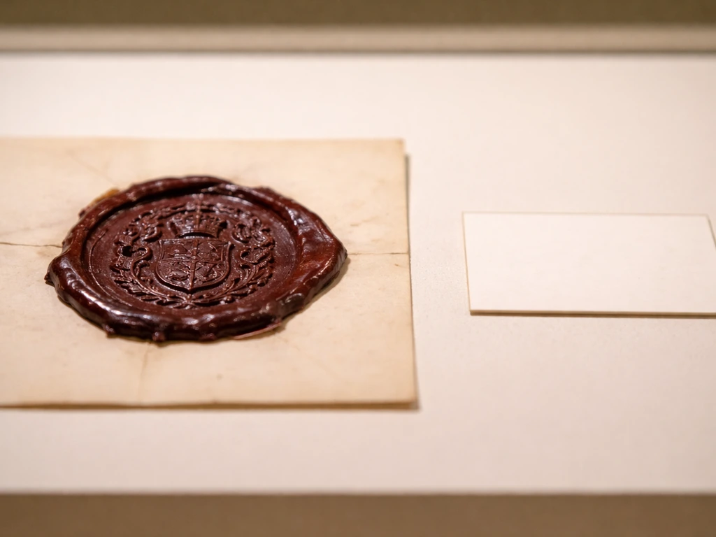 Close-up of a wax seal impression in a museum-style setting with a blank label area nearby.